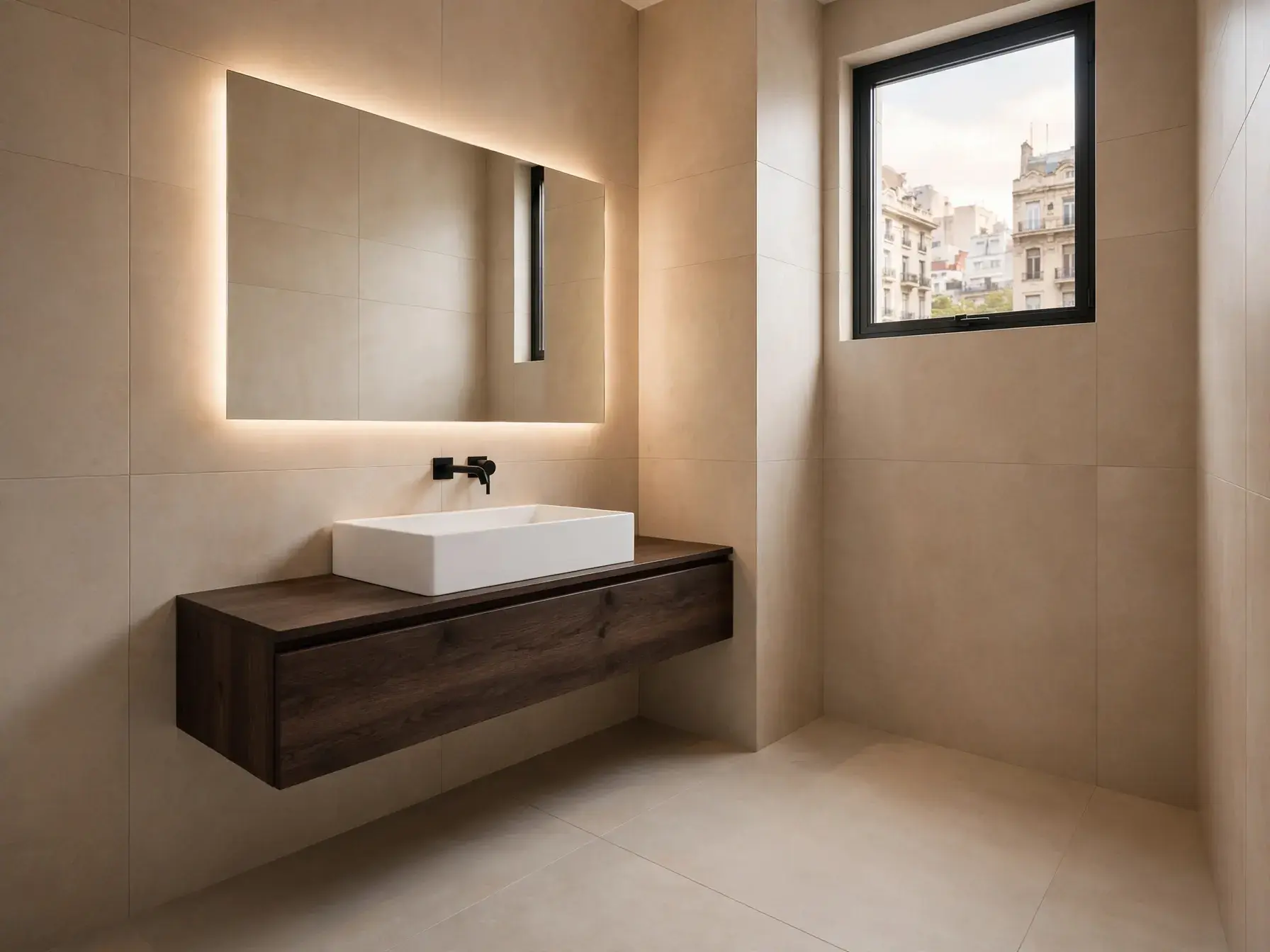 Remodelación integral de baño con porcelanato de gran formato, obra de Albarenas en CABA